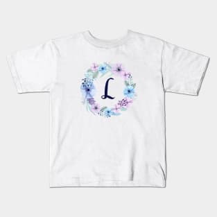 Floral Monogram L Icy Winter Blossoms Kids T-Shirt